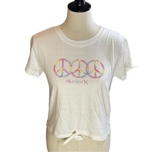 Hurley Girls L Graphic T-Shirt Peace Sign Logo White Tee Summer Top